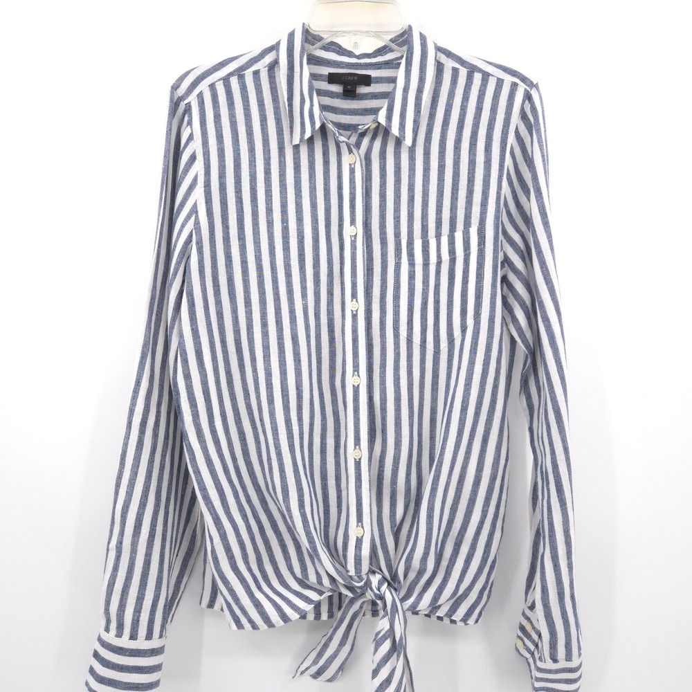 J.Crew Striped Linen Tie Front Shirt Womens 10 Blue White Long Sleeve Button Up - Picture 3 of 11